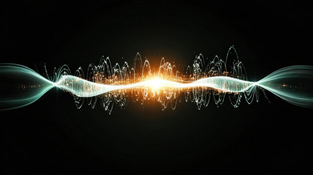 Glowing, radiant waveform flows symmetrically across dark background, emitting vibrant light and energy. abstract design evokes sense of cosmic motion and high frequency vibrations