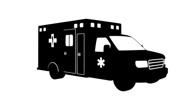 A black and white silhouette of an emergency medical services vehicle commonly known as an ambulance showcasing its distinctive design and purpose for rapid patient transport