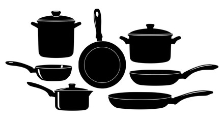 A collection of kitchen cookware silhouettes featuring pots pans and frying pans designed for culinary arts and home cooking activities