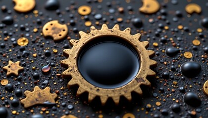 the image features a cogwheel partially filled with dark, reflective fluid, the cogwheel is a muted gold color, suggesting age or oxidation, it rests on a textured