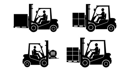 Forklift Operations: Lifting, Transporting, and Stacking Icons. This collection effectively represents logistics, warehousing, material handling, and industrial operations.