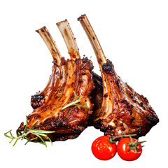 Delicious Grilled BBQ Ribs with Fresh Rosemary and Red Tomatoes Isolated on Transparent Background