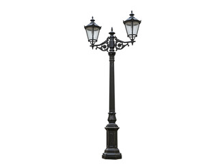 Ornate black double headed street lamp post isolated on transparent background