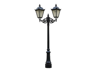 Ornate black double headed street lamp post isolated on transparent background