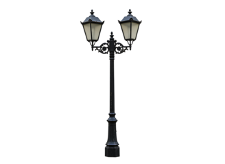 Ornate black double headed street lamp post isolated on transparent background