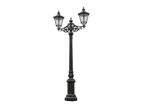Ornate black double headed street lamp post isolated on transparent background