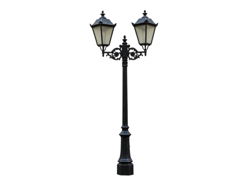 Ornate black double headed street lamp post isolated on transparent background