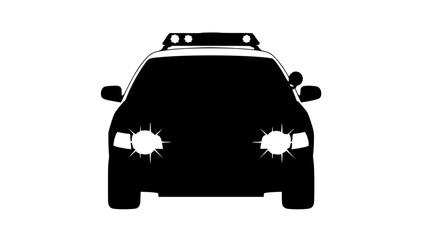 Front view silhouette of a police car with illuminated headlights and emergency lights on its roof indicating a law enforcement vehicle in action during the night or low visibility conditions © Retsher