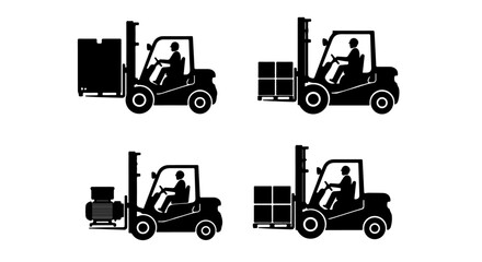 Forklift Operations: Lifting, Transporting, and Stacking Icons. This collection effectively represents logistics, warehousing, material handling, and industrial operations.