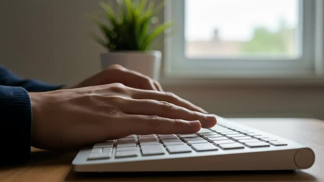 Close Up Hands Typing on White Keyboard at Wooden Desk Near Window