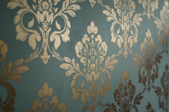 Close up of elegant gold damask pattern on a muted teal textured wallpaper background