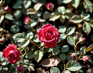 withered leaves and budding roses, the lighting is diffused, casting long shadows and creating a somewhat somber, reflective atmosphere