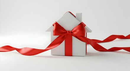 White gift house wrapped in red ribbon