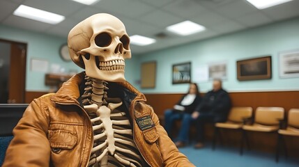 Skeleton Sitting Patiently in a Waiting Room with Casual Jacket