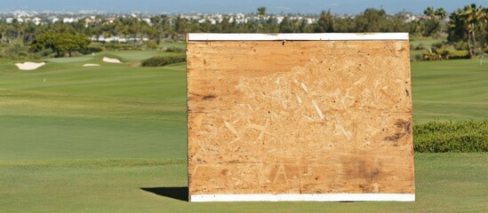 Golf course wood signboard, sunny day, advertising space