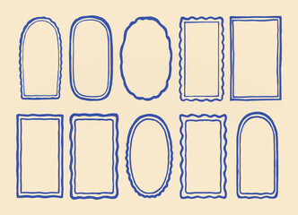 Hand-Drawn Wavy Frame Set – Blue Doodle Borders on Beige Background