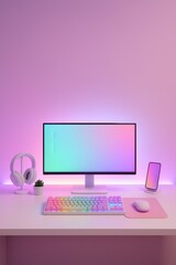 Pastel Gaming Desk Setup with White Accessories and RGB Light