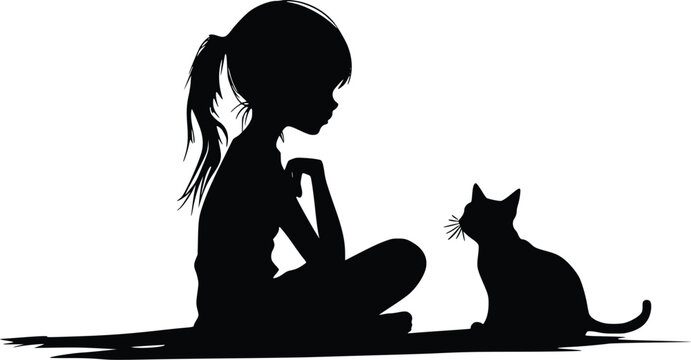 Silhouette girl seated, pensive mood, small cat companion, elegant design.