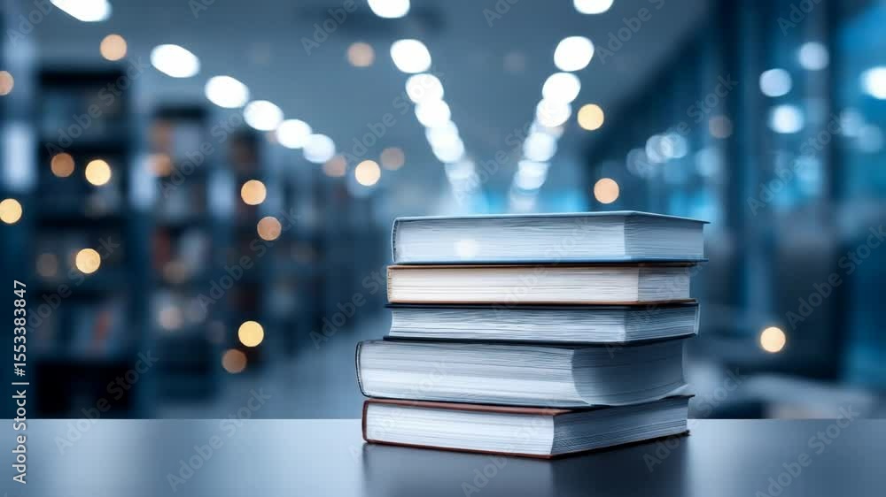 Poster stack of books in library setting - a stack of four books rests on a table in the foreground, with a