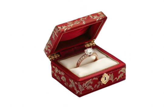 Ornate red box holds a diamond ring