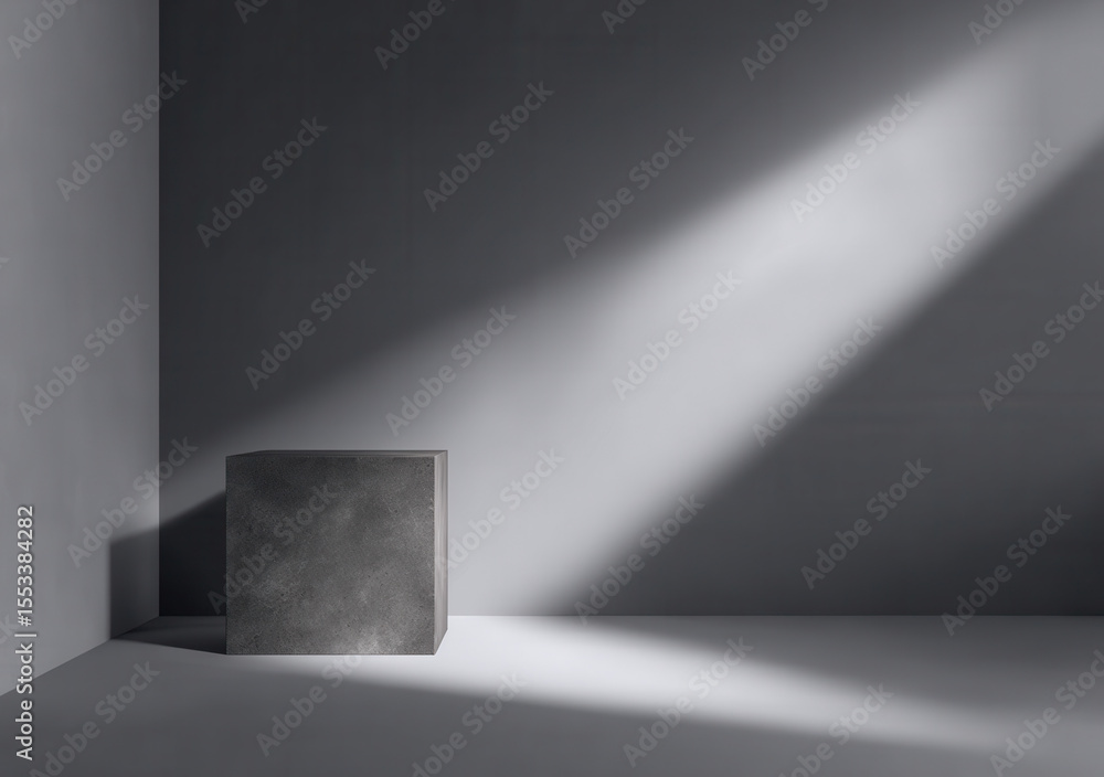 Poster Minimalist gray background for product presentation with a stone square block and soft shadows, with light from the side