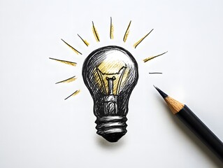 Hand-drawn lightbulb sketch, golden rays, black pencil; creative idea concept; bright, inspiring mood.