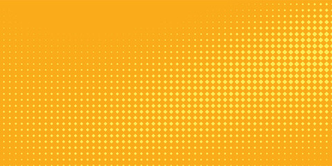 Yellow orange halftone pattern. Retro comic gradient background. Square pixilated dot cartoon texture. Pop art faded gradient pattern. Eps 10.