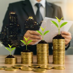 Business growth represented by plants sprouting from stacks of gold coins with city skyline background