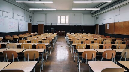 Sunlit Empty Classroom with Vintage Wooden Desks and Chalkboard, Minimalist Educational Space Featuring Dust Particles and Warm Sunbeams Streaming Through Windows, Copy Space