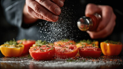 Hands sprinkling salt on sliced tomatoes with herbs on a wooden surface Generative AI