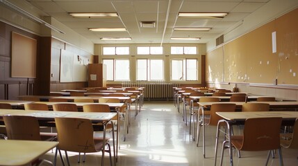 Sunlit Empty Classroom with Vintage Wooden Desks and Chalkboard, Minimalist Educational Space Featuring Dust Particles and Warm Sunbeams Streaming Through Windows, Copy Space