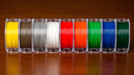 Vibrant Assortment of 3D Printer Filament Spools on Wooden Table, Full Color Range for Additive Manufacturing & Creative Design
