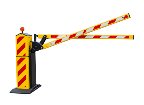 Automatic barrier gate with red and yellow stripes isolated on transparent background