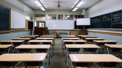 Obraz premium Sunlit Empty Classroom with Vintage Wooden Desks and Chalkboard, Minimalist Educational Space Featuring Dust Particles and Warm Sunbeams Streaming Through Windows, Copy Space