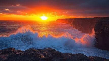 Fototapeta premium Dramatic Ocean Wave Crashing Against Dark Rock Coastline at Fiery Sunset