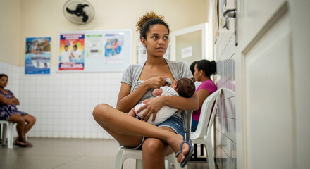 Teenage mother breastfeeding baby in public health clinic