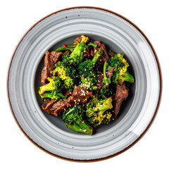 Overhead View of Beef and Broccoli Stir Fry on a Gray Rimmed Plate with Transparent Background and Detailed Food Photography