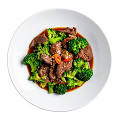 Delicious Beef and Broccoli Stir-fry Dish Served on a White Plate Against a Transparent Background with Vibrant Green Broccoli and Brown Beef