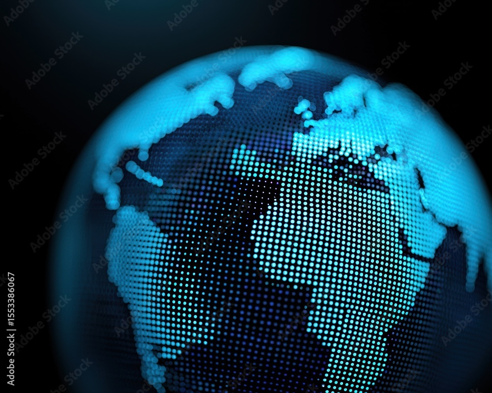 Poster illuminated globe with dots representing world map and continents