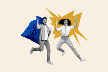 3d sketch poster trend collage of two happy girl guy business partners receive dollar bag income success earnings capital