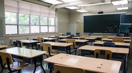 Sunlit Empty Classroom with Vintage Wooden Desks and Chalkboard, Minimalist Educational Space Featuring Dust Particles and Warm Sunbeams Streaming Through Windows, Copy Space