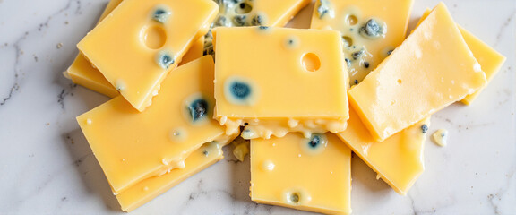 Close-up of moldy cheese slices on kitchen countertop, matured flavor