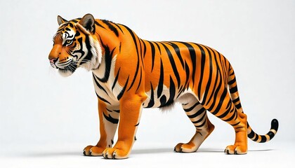 Obraz premium A majestic Royal Bengal tiger, its vibrant orange and black stripes glistening in the light, standing regally against a pure white background, crafted from intricately arranged real sticks, with the w