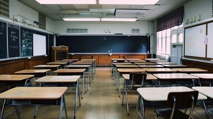 Sunlit Empty Classroom with Vintage Wooden Desks and Chalkboard, Minimalist Educational Space Featuring Dust Particles and Warm Sunbeams Streaming Through Windows, Copy Space