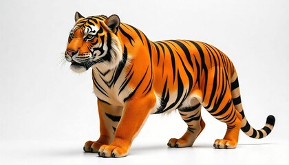 A majestic Royal Bengal tiger, its vibrant orange and black stripes glistening in the light, standing regally against a pure white background, crafted from intricately arranged real sticks, with the w