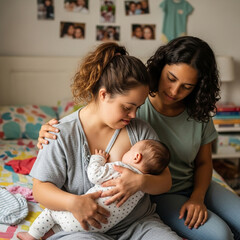 Mother with Down syndrome breastfeeding baby with family support