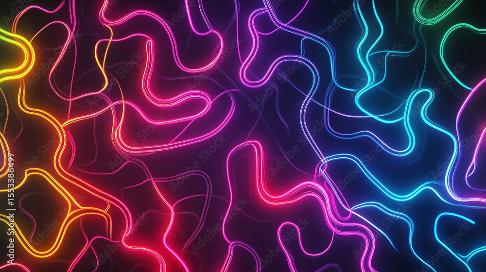 Poster a vibrant pattern of glowing neon curves and lines creates an intricate, circuit-like design in a mu