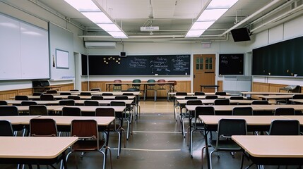 Sunlit Empty Classroom with Vintage Wooden Desks and Chalkboard, Minimalist Educational Space Featuring Dust Particles and Warm Sunbeams Streaming Through Windows, Copy Space