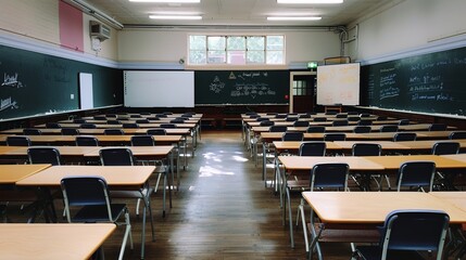 Sunlit Empty Classroom with Vintage Wooden Desks and Chalkboard, Minimalist Educational Space Featuring Dust Particles and Warm Sunbeams Streaming Through Windows, Copy Space