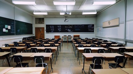 Sunlit Empty Classroom with Vintage Wooden Desks and Chalkboard, Minimalist Educational Space Featuring Dust Particles and Warm Sunbeams Streaming Through Windows, Copy Space